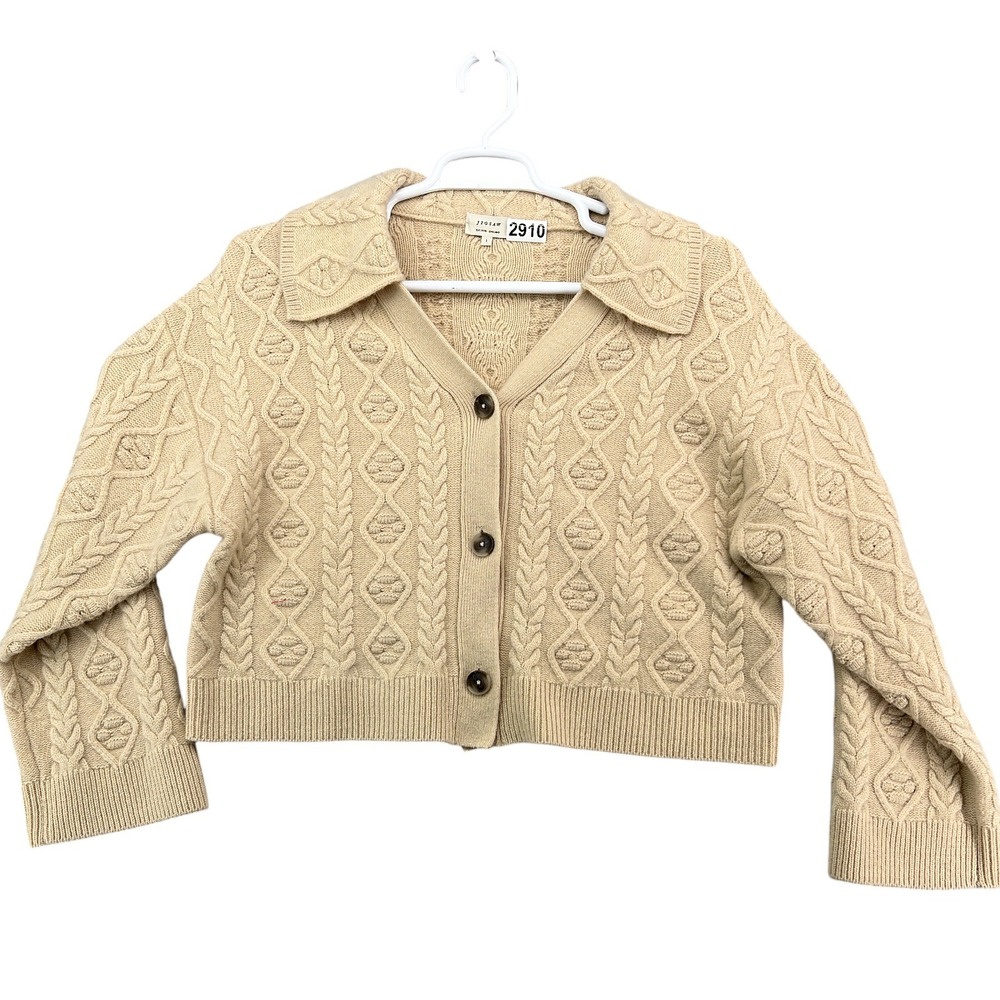 Jigsaw London Womens Beige Wool Cashmere Cable Knit Cropped Cardigan Sweater L